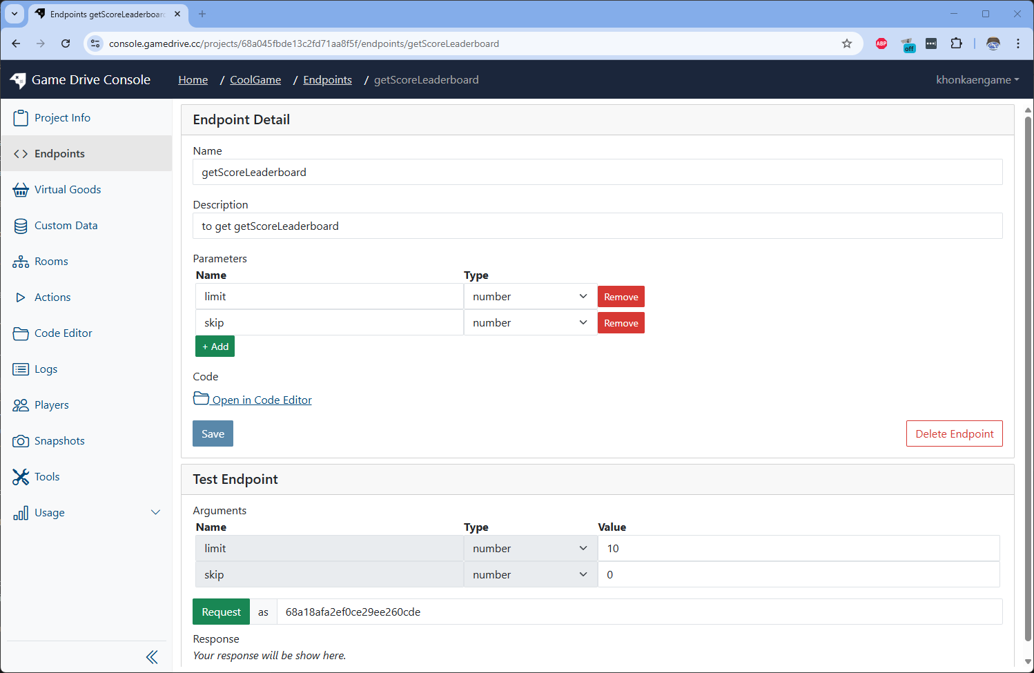 getScoreLeaderboard endpoint params